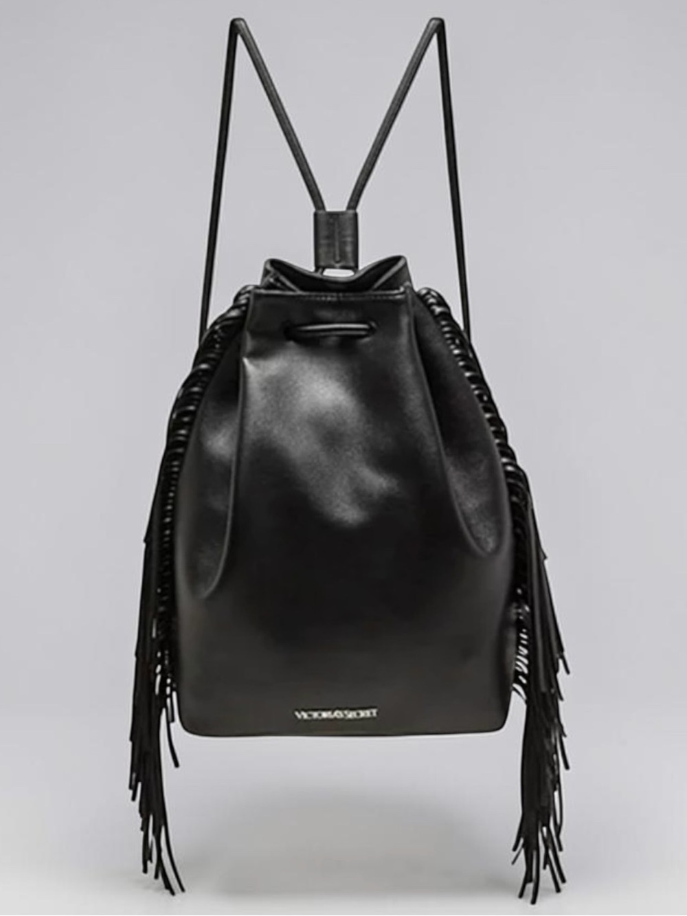 Victoria's Secret Fashion Show 2015 Faux Black Leather Drawstring Bag w Fringe
